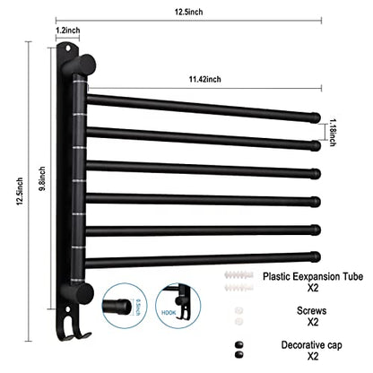 6-Arm Swivel Towel Rack - 180° Rotating Wall Mounted - 304 Stainless Steel Rustproof - Heavy Duty Space Saving for Bathroom Kitchen Laundry Room (Matte Black) - color: Black, size: 6 Arms