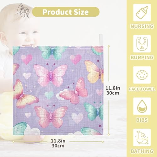 YETTASBIN Butterfly Muslin Baby Hand Washcloths, Soft Cotton Bath Face Towel, 4 Layers Extra Absorbent Feeding Burp Cloth for Newborn Infant, 5 Pack - size: 12 Inch x 5 Pack