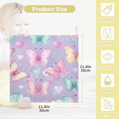 YETTASBIN Butterfly Muslin Baby Hand Washcloths, Soft Cotton Bath Face Towel, 4 Layers Extra Absorbent Feeding Burp Cloth for Newborn Infant, 5 Pack - size: 12 Inch x 5 Pack