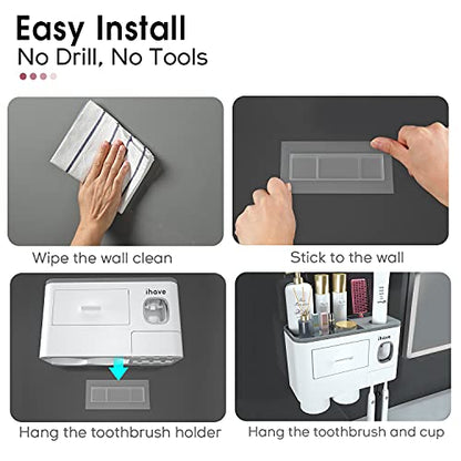 iHave Toothbrush Holders Wall Mounted with Toothpaste Dispenser & 2 Cups | All-in-One Bathroom Organizer: 2 Cups, 6 Slots, Toothpaste Dispenser, Large Tray & Drawer. Wall Mount, No Drilling Required - color: White, size: 2 cup