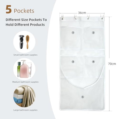 Mesh Shower Caddy Hanging,Hanging Mesh Pockets Shower Curtain Liner Pockets Hanging with Pockets Quick Dry Cruise RV Camper Bathroom Organizer with Shower Curtain Hooks - size: 1 Pack | White