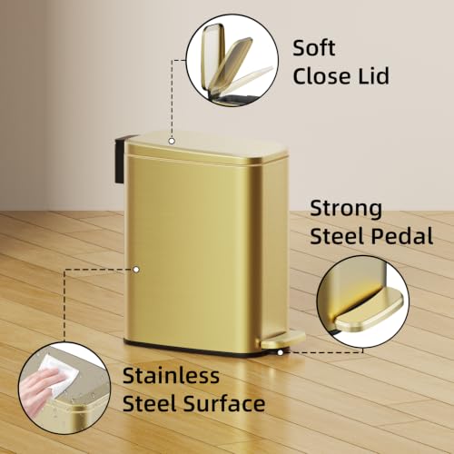 KSSKSS Small Bathroom Trash Can with Lid Soft Close, Step Pedal, 6L / 1.6 Gal Stainless Steel Garbage Bin with Removable Inner Bucket, Slim Wastebasket for Narrow Spaces (Gold) - color: Gold-p