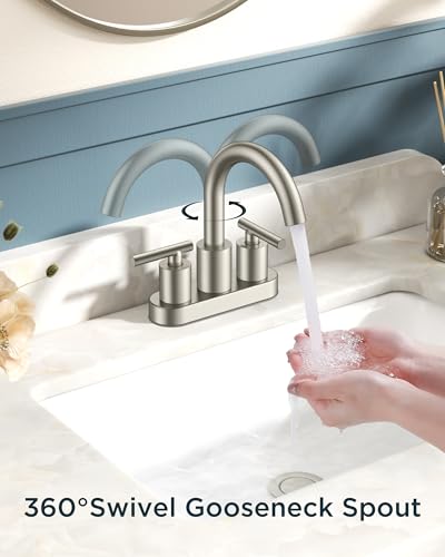 FORIOUS Brushed Nickel Bathroom Faucet 2 Hole, 4" Centerset Faucet Silver | Commercial Bathroom Sink Faucet Brushed Nickel, 4 In Centerset Bathroom Faucet Brushed Nickel with 360° Swivel Spout for RV - color: Stainless Steel, style: Classic