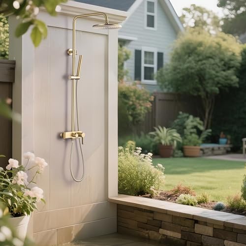 Brushed Gold Exposed Shower System with 2 Modes HandHeld,3 Functions Tub Shower Faucet Sets with Brass Valve, Shower Fixture with 10 Inches Rainfull Shower Head,Shower Height Adjustable - color: B- Brushed Gold with Round Shower Head