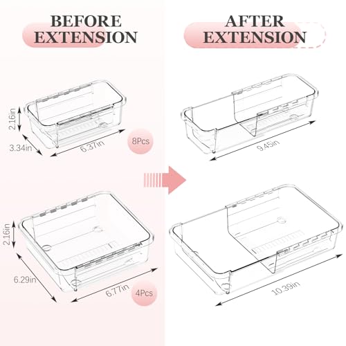 DILIBRA 12 Pcs Clear Extendable Drawer Organizer, Adjustable Drawer Storage | 2-Size Desk Drawer Organizer, Plastic Non-Slip Storage Bins for Makeup Cosmetic Jewelries Utensils Stationery Dressers Tool - size: 4Pcs Large + 8Pcs Medium