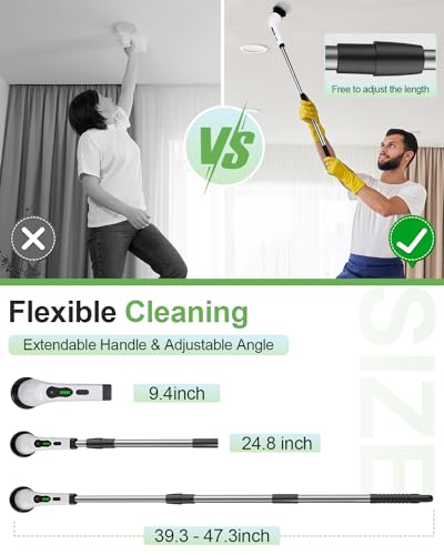Cordless Electric Spin Scrubber, 9 Brush Heads, 2-Speed Motor | Floor cleaning, bathroom scrubber, tile floor scrubber, extension arm, IPX7 waterproof, tub, sink, grout, wet- dry vacuum - size: 9heads