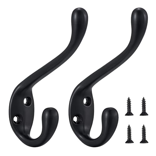 Coat Hooks 5 Pack - Heavy Duty Wall Mounted Two Prongs Double Hooks Matte Black Door Hooks for Hanging Clothes/Towels - Sturdiness Design with Better Mounting System - color: Matte Black