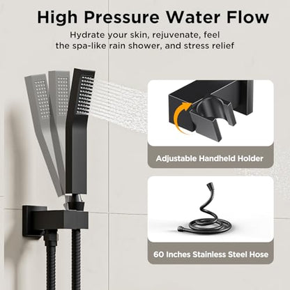 Shower Systems with Body Jets, STARBATH 4 Way 12+6" Rainfall Shower Head with Handheld Spray Combo, Ceiling Mounted Shower Jets System in Wall Shower Faucet Sets Complete, Matte Black - color: Matte Black, size: 6"+12"-01