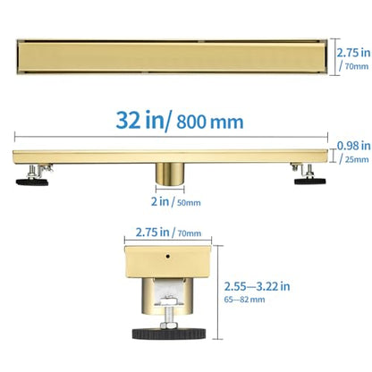 Linear Shower Drain ，with Tile Insert Panels ，32 Inch Brushed Gold 304 Stainless Steel Rectangle Shower Floor Drain，with Hair Catcher, Adjustable Feet - color: Brushed Gold, size: 32inch