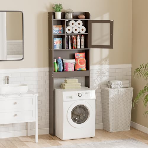 SUPER DEAL Over The Toilet Bathroom Storage Cabinet Freestanding Wooden Bathroom Organizer with Adjustable Shelves and Glass Door, Brown - color: Brown