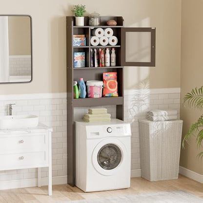 SUPER DEAL Over The Toilet Bathroom Storage Cabinet Freestanding Wooden Bathroom Organizer with Adjustable Shelves and Glass Door, Brown - color: Brown