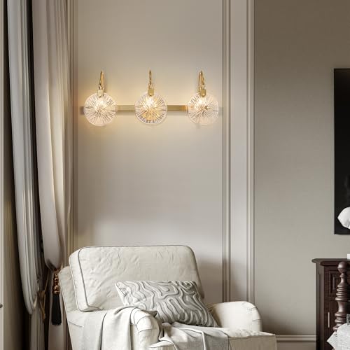 WUZUPS 3-Light Bathroom Light Fixture Over Mirror Morden Vanity Wall Sconces Clear Glass Shade for Bedroom Living Room, E12 Base, Brass Gold - color: Brass Gold, Glass shade