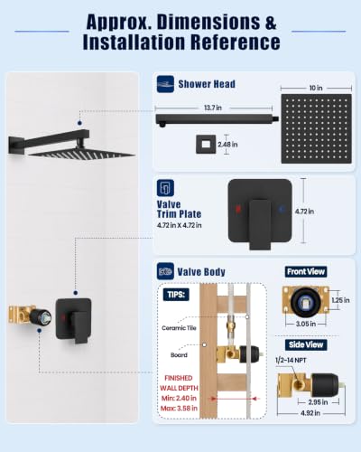 Heyalan 10 Inch Square Rain Shower Faucet Set with Valve, Matte Black | Female-thread 1/2-inch NPT connections, SUS304 shower head, brass rough-in valve, single-handle control Shower Set - color: Black, size: 10 Inch Square Shower Head