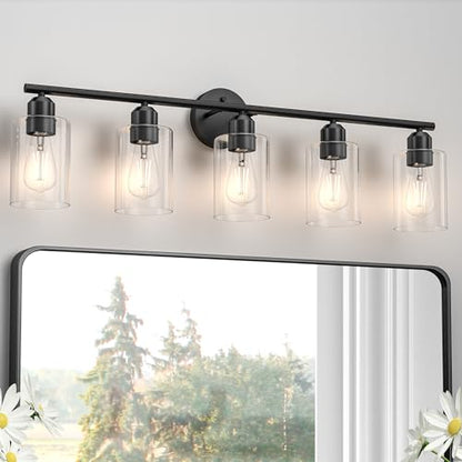 Bathroom Vanity Light Fixtures Matte Black Bathroom Lighting Fixture, 5 Lights Bathroom Light Fixture Over Mirror, Modern Black Vanity Light, Wall Sconces with Glass Shades - color: Matte Black, size: 5 Lights