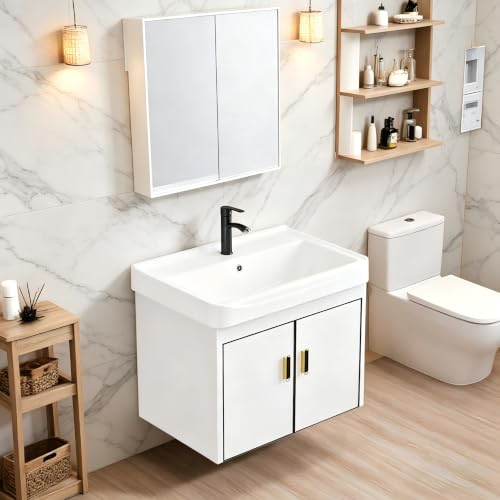 20 Inch Wall Mounted Bathroom Vanity with Sink, Modern Floating Bathroom Cabinet with Integrated Ceramic Basin, Soft Close Double Doors, Complete Faucet & Plumbing Hardware Set for Small Bathroom