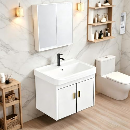 20 Inch Wall Mounted Bathroom Vanity with Sink, Modern Floating Bathroom Cabinet with Integrated Ceramic Basin, Soft Close Double Doors, Complete Faucet & Plumbing Hardware Set for Small Bathroom