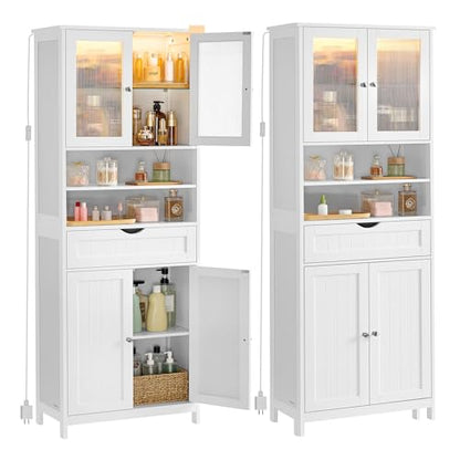 VASAGLE Storage Cabinet with LED Lights, Freestanding Storage Unit with Adjustable Shelves, Drawer, Open Compartments, for Bathroom, Living Room, Kitchen, Cloud White UBBC767WH01S - size: 11.8"D x 23.6"W x 69.9"H, style: 4 Doors + 2 Open Compartments+LED