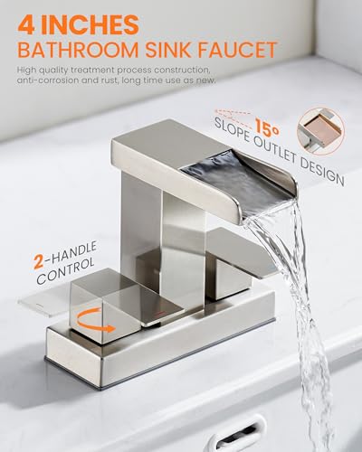 Waterfall Bathroom Faucet for Sink 3 Hole, 4 inch, Brushed Nickel Waterfall Sink Faucets with Pop-up Drain and 2 Supply Hoses, Stainless Steel 2-Handle Centerset Faucet for Sink Vanity, T-6008BN - color: Brushed Nickel