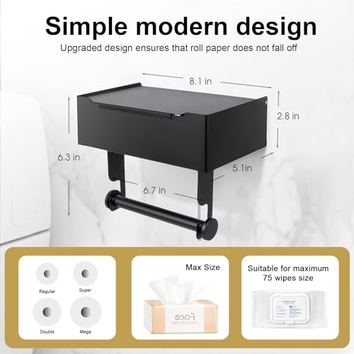 Matte Black Toilet Paper Storage Holder with Shelf for Wet Wipes, Sanitary Tampon, Trash Bags, Bathroom Wipes Holder Accessory Space Saver and Organizer