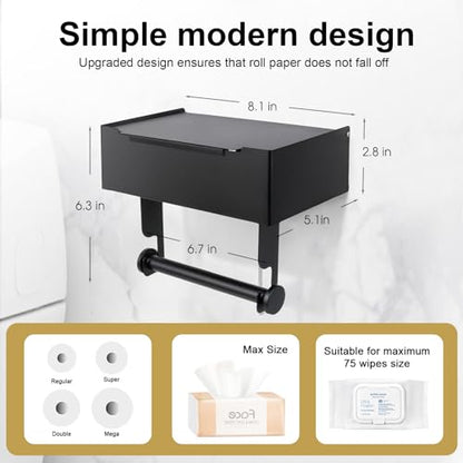 Matte Black Toilet Paper Storage Holder with Shelf for Wet Wipes, Sanitary Tampon, Trash Bags, Bathroom Wipes Holder Accessory Space Saver and Organizer