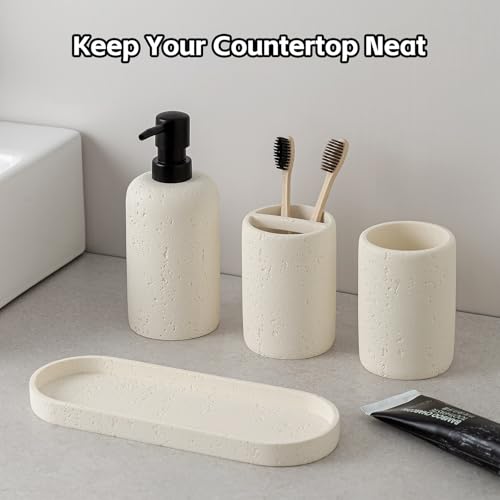 Bathroom Accessories Set,4 PCS Travertine Stone Look Collection,Cream | Modern Bath Organizer with 13.53 OZ Soap Dispenser, Toothbrush Holder, Tumbler, Vanity Tray for Countertop Kitchen Sink - color: Cream