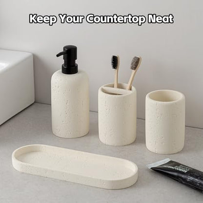 Bathroom Accessories Set,4 PCS Travertine Stone Look Collection,Cream | Modern Bath Organizer with 13.53 OZ Soap Dispenser, Toothbrush Holder, Tumbler, Vanity Tray for Countertop Kitchen Sink - color: Cream