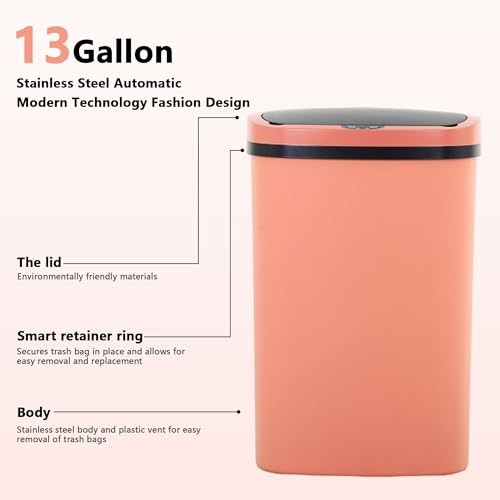 13 Gallon/50 L Kitchen Trash Can with Lid, Garbage Can with Touch-Free Lid, Cute Trash Bin Automatic Bathroom Trash Can, Motion Sensor Waterproof Trash Bin - color: Pink, size: 2 Trash Can