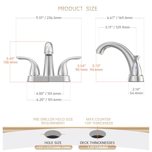 Centerset 4 Inch Brushed Nickel 2 or 3 Holes Stainless Steel Bathroom Sink Faucet 2 Pack, 2 Handle Bathroom Faucet with Copper Pop Up Drain and Water Supply Lines, BF008-5-BN-2PACK - color: Brushed Nickel, style: 2 Pack