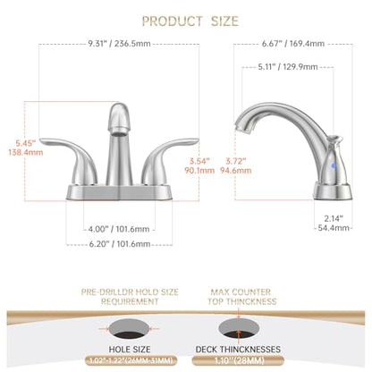 Centerset 4 Inch Brushed Nickel 2 or 3 Holes Stainless Steel Bathroom Sink Faucet 2 Pack, 2 Handle Bathroom Faucet with Copper Pop Up Drain and Water Supply Lines, BF008-5-BN-2PACK - color: Brushed Nickel, style: 2 Pack