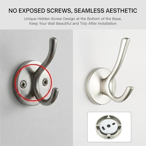 Matte Silver Towel Hooks 4 Pack, Heavy Duty Zinc Alloy Double Prong Coat Robe Hooks, Wall Mounted Towel Hooks for Bathroom, Kitchen, Closet, Garage, Entryway (195silver) - color: Brushed silver