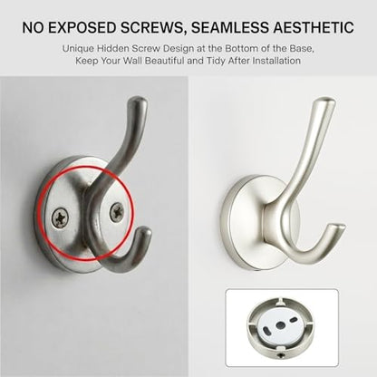 Matte Silver Towel Hooks 4 Pack, Heavy Duty Zinc Alloy Double Prong Coat Robe Hooks, Wall Mounted Towel Hooks for Bathroom, Kitchen, Closet, Garage, Entryway (195silver) - color: Brushed silver