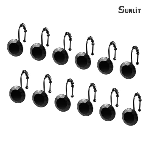 Sunlit Luxury Design Round Black Diamond Crystal Gem Bling with Glide Balls Shower Curtain Hooks with Black Hooks, Rust Proof Metal Rhinestones Glam Decorative Shower Curtain Rings, Set of 12 - color: Black With Black Hooks