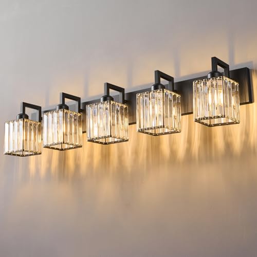 Black Bathroom Light Fixture, 5-Light Crystal Vanity Lighting, Bathroom Lighting Fixtures Over Mirror, Modern Crystal Wall Lamp - color: Black Crooked, size: 5-light