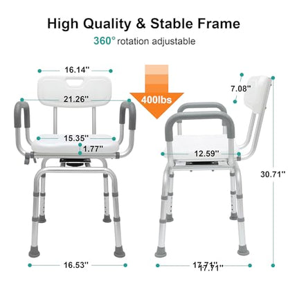 PETKABOO 360 Degree Shower Chair Swivel,Portable Seat with Armrests and Back, Adjustable Height Seat for Bathtub (White1)