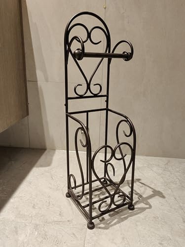 Toilet Paper Holder Free Standing with Storage for Mega Rolls, Scroll Bathroom Tissue Holder Stand, Metal, Bronze