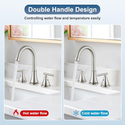 Widespread Bathroom Faucet 3 Hole, 8 inch Bathroom Sink Faucet with Pop-up Drain and Supply Lines, Two Handles, Stainless Steel, Brushed Nickel - color: Brushed Nickel