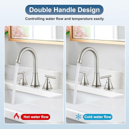 Widespread Bathroom Faucet 3 Hole, 8 inch Bathroom Sink Faucet with Pop-up Drain and Supply Lines, Two Handles, Stainless Steel, Brushed Nickel - color: Brushed Nickel