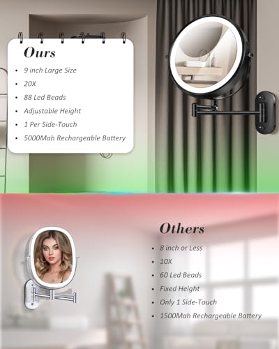 20X 9" Wall Mounted Magnifying Makeup Mirror with Light Height Adjustable | 5000mAh Double Sided Rechargeable LED Lighted Vanity Mirror with Magnification 3 Color Light up Extended Arm 360 Rotation - color: 9inches-black