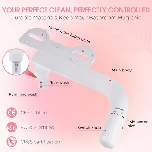 Jamini Left-Hand Ultra-Slim Toilet Bidet Attachment, Non-Electric, Dual Nozzles for Rear and Female Front Wash, Adjustable Single Cold Water Pressure, 0.23" Slim Profile, Detachable for Easy Cleaning - style: Diamond Knob – Left