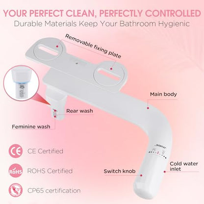 Jamini Left-Hand Ultra-Slim Toilet Bidet Attachment, Non-Electric, Dual Nozzles for Rear and Female Front Wash, Adjustable Single Cold Water Pressure, 0.23" Slim Profile, Detachable for Easy Cleaning - style: Diamond Knob – Left