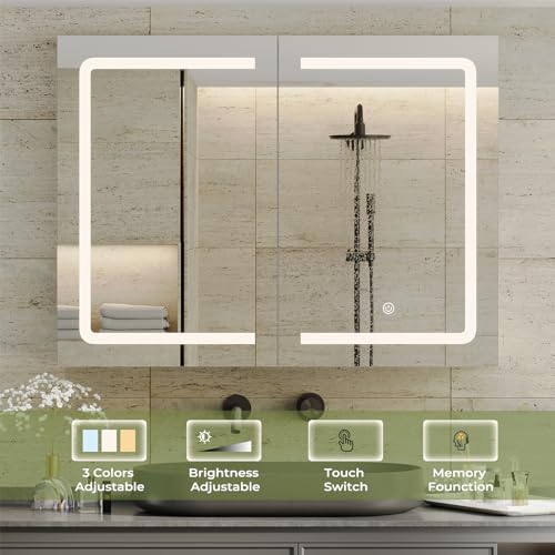 DICTAC Medicine Cabinet with Mirrors and Storage 31.5''x23.6'' Wall Mounted Bathroom Mirror Cabinets with Led Lights Double Doors Mirror Lighted Medicine Cabinets with Adjustable Storage Shelf,White - size: 31.5x23.62 inch