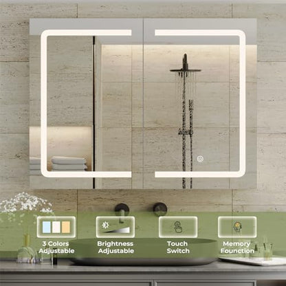 DICTAC Medicine Cabinet with Mirrors and Storage 31.5''x23.6'' Wall Mounted Bathroom Mirror Cabinets with Led Lights Double Doors Mirror Lighted Medicine Cabinets with Adjustable Storage Shelf,White - size: 31.5x23.62 inch