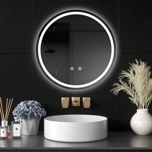 LED Bathroom Mirror with Lights, 28" Round Mirror for Bathroom,Wall Mounted Makeup Mirror, Dimmable, Anti-Fog, Shatter-Proof Tempered Glass, 3-Color Light, Memory Function, UL Listed - size: 28"L x 28"W