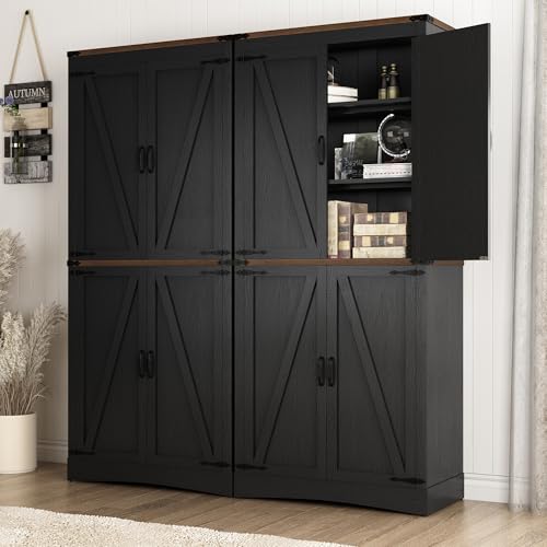 Hlivelood 71" Tall Kitchen Pantry,Farmhouse Storage Cabinet with Adjustable Shelves,Load-Bearing Steel Pipe,Farmhouse Pantry Cabinet with 4 Barn Doors,for Kitchen,Dining Room,Living Room(Black) - color: Black
