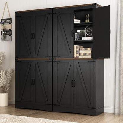 Hlivelood 71" Tall Kitchen Pantry,Farmhouse Storage Cabinet with Adjustable Shelves,Load-Bearing Steel Pipe,Farmhouse Pantry Cabinet with 4 Barn Doors,for Kitchen,Dining Room,Living Room(Black) - color: Black