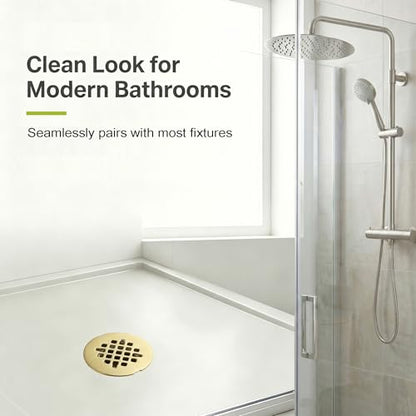 Shower Drain Cover Snap-in Hair Catcher - Brushed Gold 2 Pack | Stainless steel, 4-1/4" OD round, Fits 2-7/8" spacing, Easy install no tools, Warm gold, modern bathroom drain strainer grid. - color: Brushed Gold