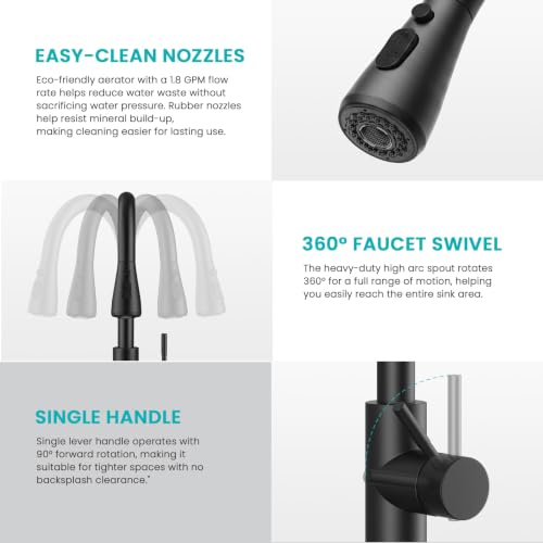 Kitchen Faucet with Pull Down sparyer,Leak Proof, Matte Black | 304 Stainless Steel,10-Min DIY Install,23-Inch Pull-Down Hose,2-Function Spray,360° Swivel Spout - color: Matte Black, size: 15.2 Inches