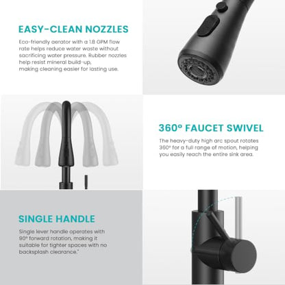 Kitchen Faucet with Pull Down sparyer,Leak Proof, Matte Black | 304 Stainless Steel,10-Min DIY Install,23-Inch Pull-Down Hose,2-Function Spray,360° Swivel Spout - color: Matte Black, size: 15.2 Inches
