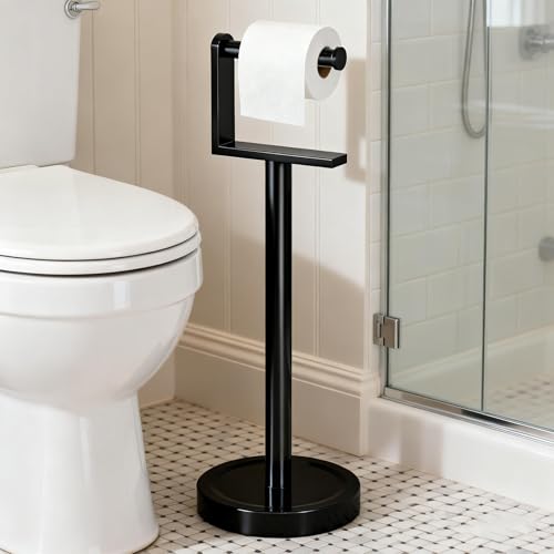 Heavy Duty Toilet Paper Holder Stand, Stable Weighted Base Toilet Paper Holder Free Standing, Stainless Steel Bathroom Free Standing Toilet Paper Roll Holder, Matte Black Tissue Rack - color: Black