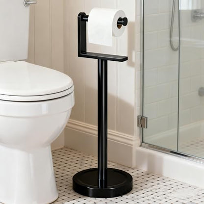 Heavy Duty Toilet Paper Holder Stand, Stable Weighted Base Toilet Paper Holder Free Standing, Stainless Steel Bathroom Free Standing Toilet Paper Roll Holder, Matte Black Tissue Rack - color: Black